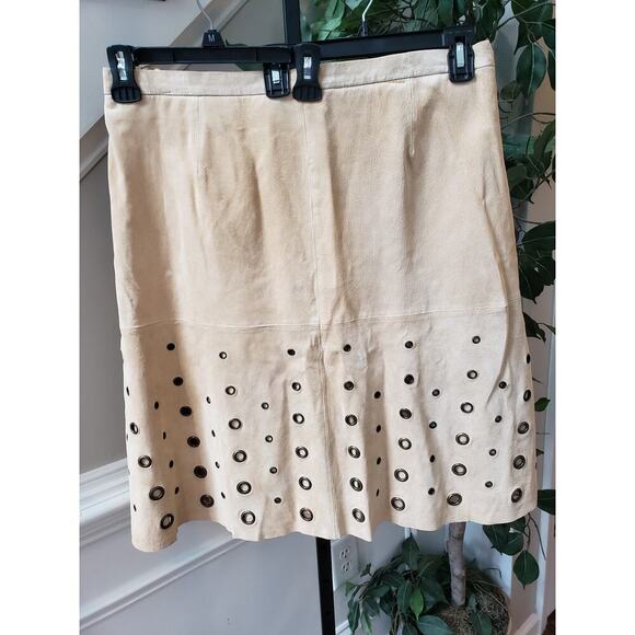 Terry Lewis Mini Skirt Women Size 18P Beige Solid Leather Grommet Lined Side Zip - Picture 1 of 11